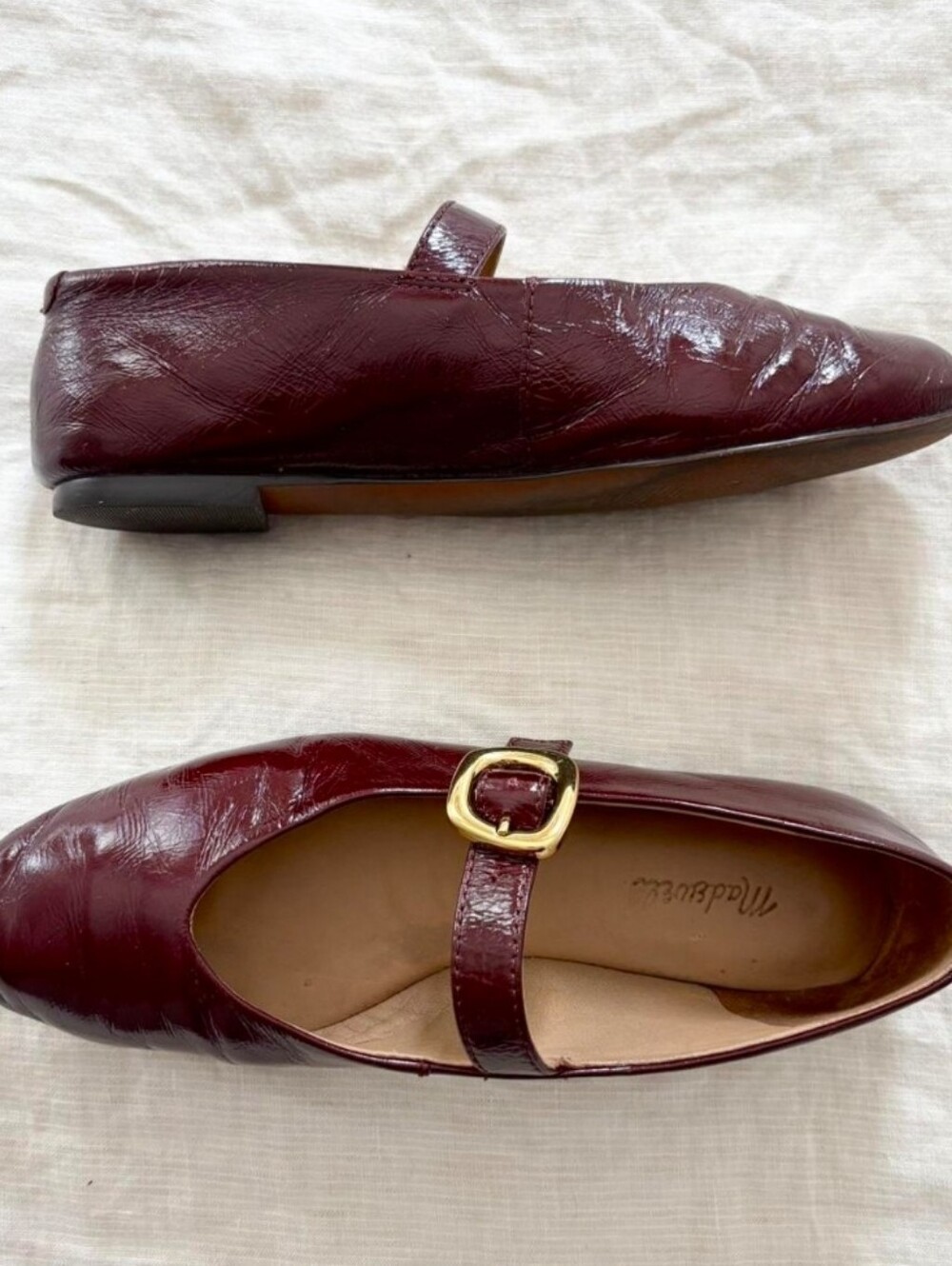 Madewell Burgundy Leather Mary Jane Ballet Flats with Gold Buckle